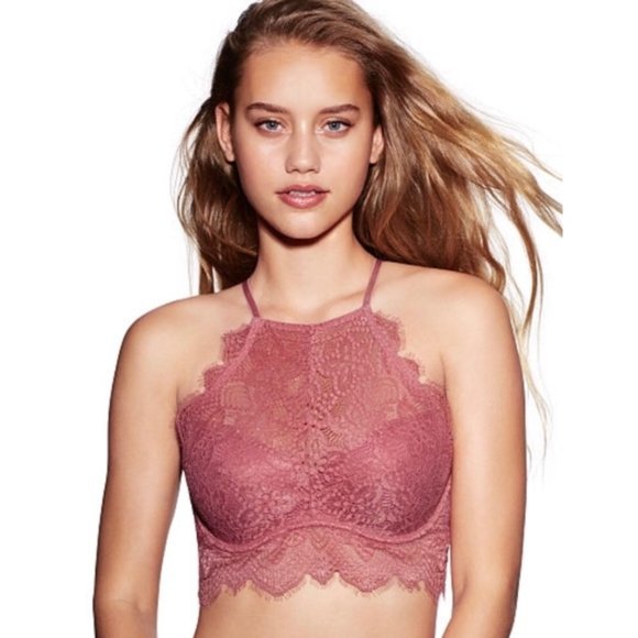 Victoria's Secret PINK Mauve Pink Eyelash Lace High-Neck Bralette - Picture 1 of 4